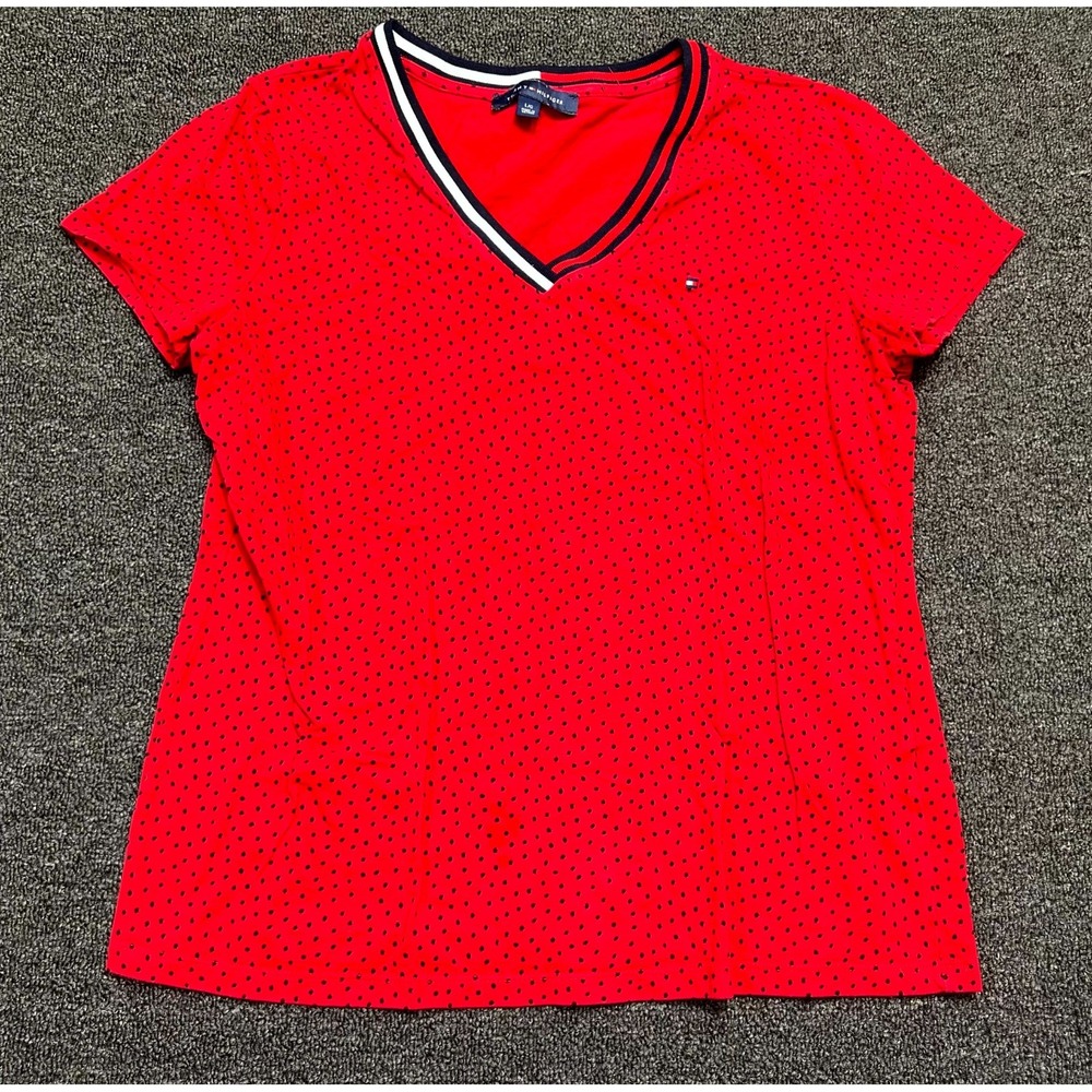 Tommy Hilfiger T-Shirt Womens Large Red Polka Dot V-Neck Cotton Stretch Classic